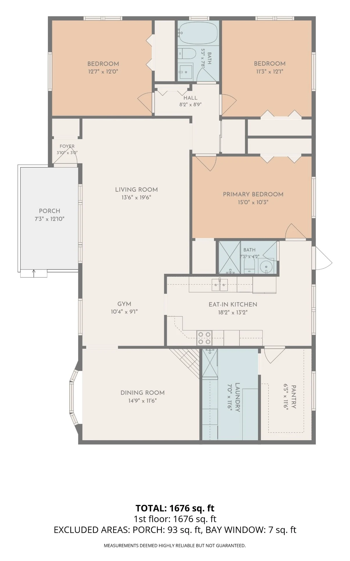 Floor plan of a three-bedroom ranch home, 1,676 square feet