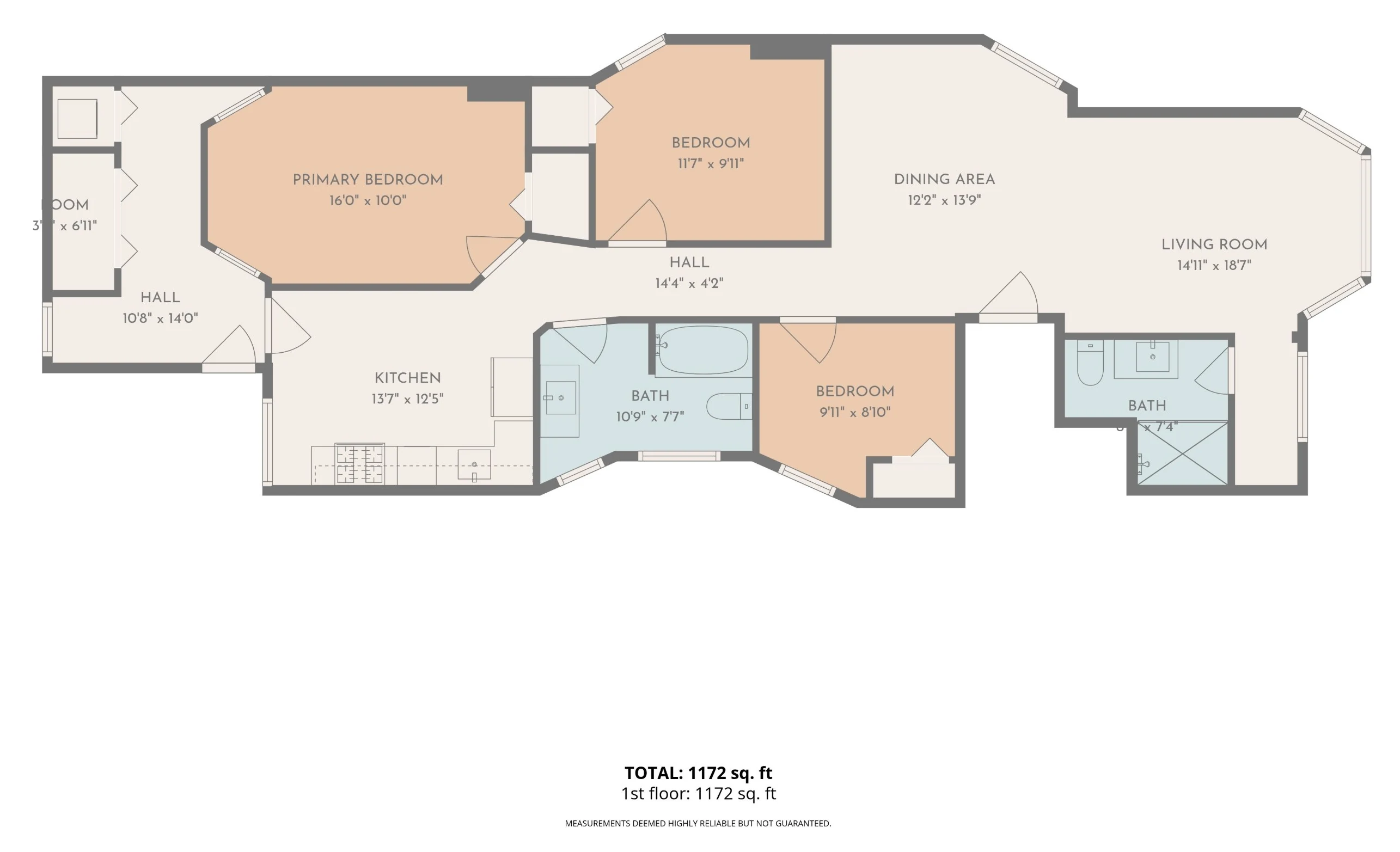 Floor plan of a three-bedroom condo, 1,172 square feet