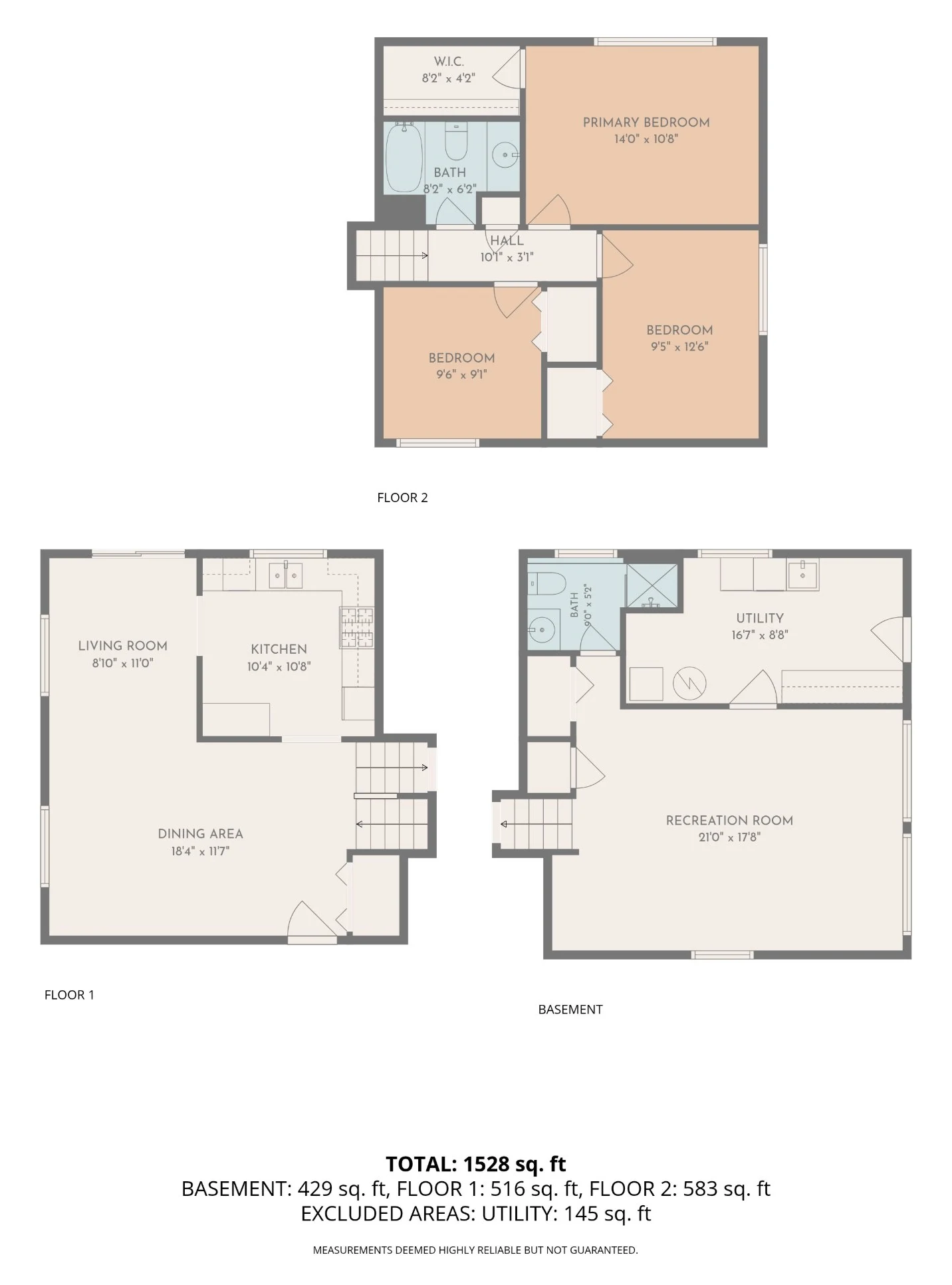Floor plan of a two-story home with basement, 1,528 square feet